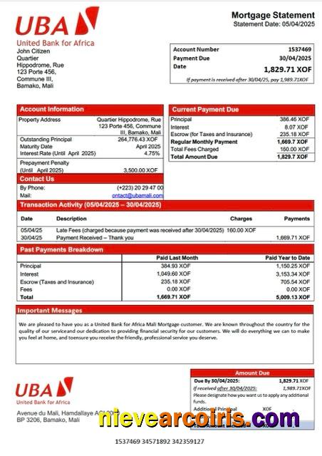 Mali United Bank for Africa Mali mortgage statement Word and PDF template